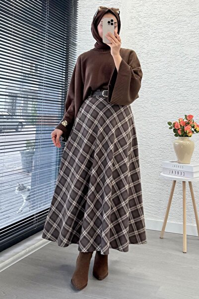 MELEK ARAZ Kemerli Yandan Fermuarlı Ekose Desen Etek - Kahverengi