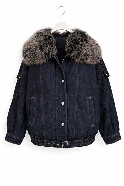 günay boutıque Fur Collar Detailed Denim Coat-Blue