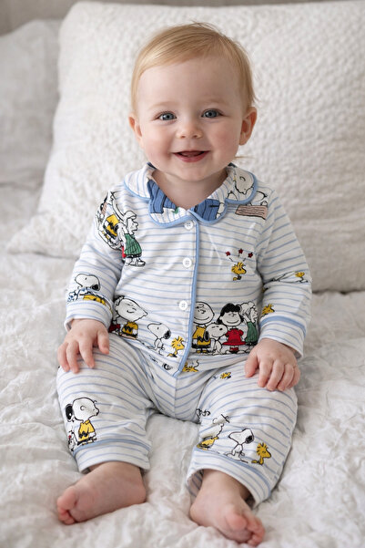 AKİ MODA KİDS طقم بيجامة للأطفال الرضع بنمط الفول السوداني - مخطط 100% قطن