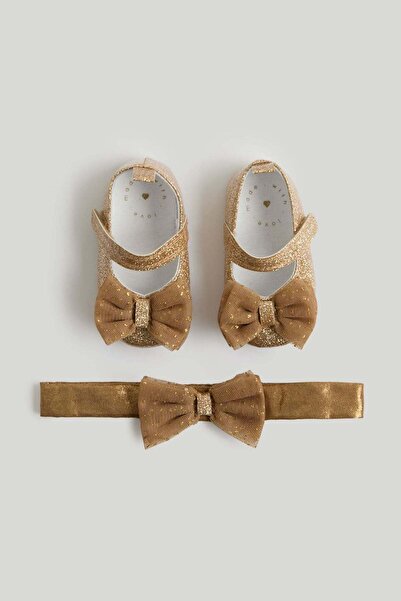 MOTHERCARE Gold Glitter Pram Shoes and Headband