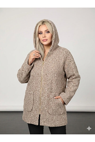 Efour Hooded Women's Plus Size Boucle Coat with Zipper Pockets