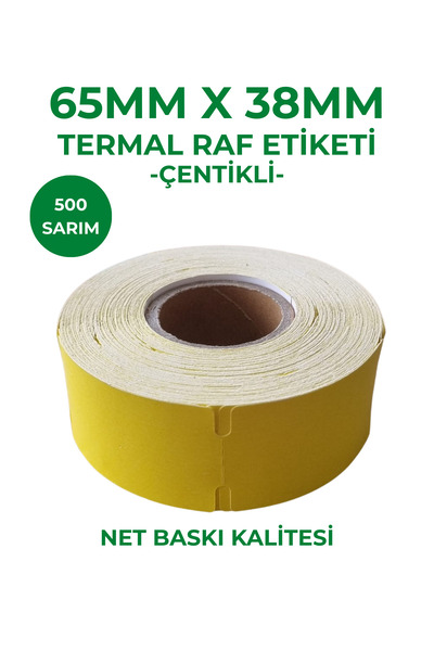 RULORULO 65x38 Termal Karton Raf Etiketi Çentikli Sarı Renk 500 Sarım 1 Adet