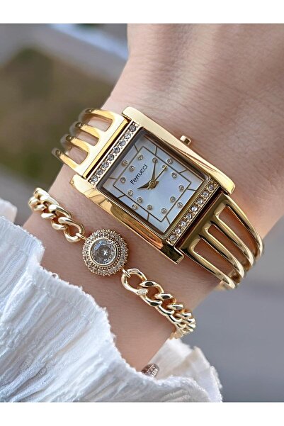 Ferrucci Rib Design Steel Band 3 Atm 2 Years Warranty Women Wristwatch+Bracel...