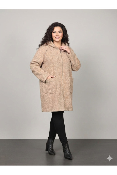 Efour cu glugă Palton boucle pentru femei de mărime mare cu buzunare cu fermoar