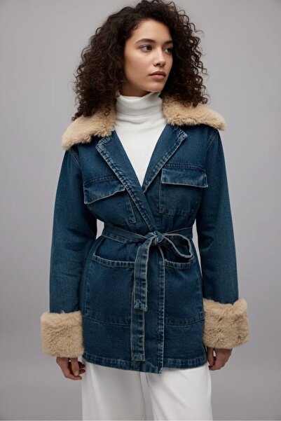 Gülşah collection Fur Detailed Denim Jacket - Blue