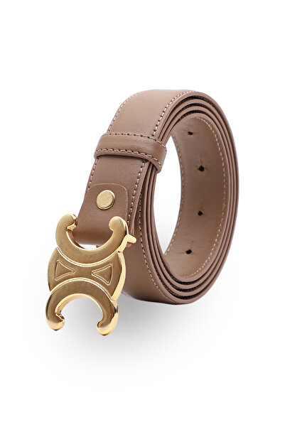 Velvoria Жіночий бежево-кавовий ремінь з блискучою золотою пряжкою