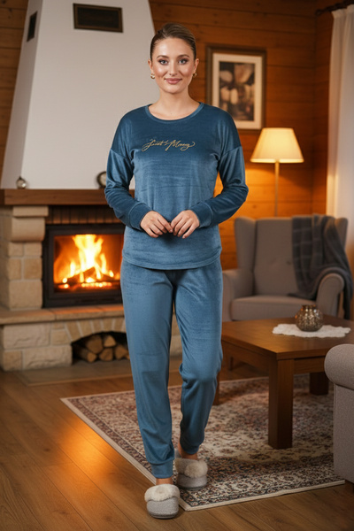 REMSA Дамски кадифен комплект пижама с принт 25383 Петрол