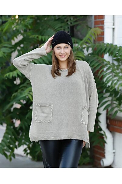 Sosyete Kaplumbağa Authentic 100% Cotton Knitwear Double Pocket Washed O-Neck...