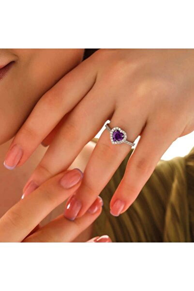 Çelik Kalp Model Mor Taşlı Zirkon Detaylı Şık Yüzük