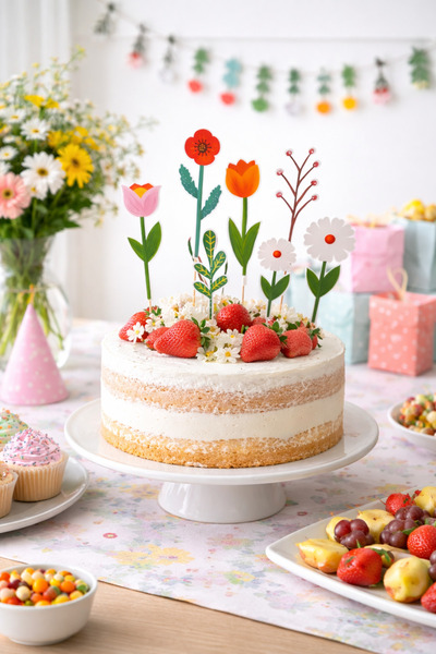 Partifabrik Renkli Çiçekler Temalı Pasta Süsü Seti