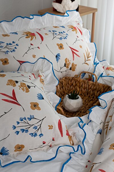 GÖRMEZ TEKSTİL Soft 100% Cotton Ruffled Single Duvet Cover Set Botanic Breeze