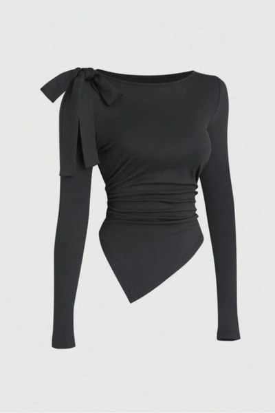 World Fashion Trends Bluză neagră din viscoză asimetrică Trend cu detaliu de ...