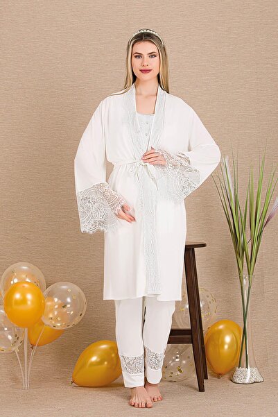 REN Women's Lace Guipure Detailed 3-Piece Maternity Pajama Set, Maternity Dre...