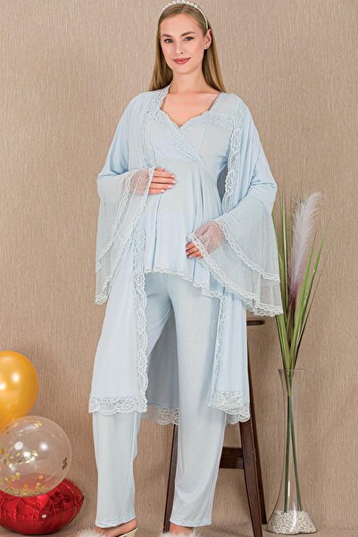 REN Women's Tulle Guipure Detail 3-Piece Maternity Pajama Set, Long Maternity...
