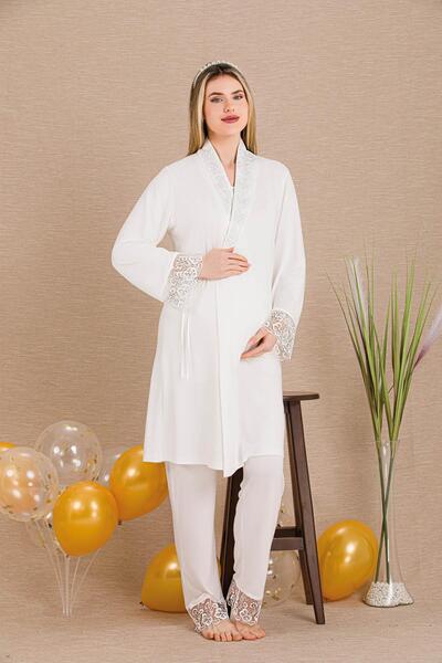 REN Women's Lace Detailed 3-Piece Maternity Pajama Set, Maternity Maternity D...