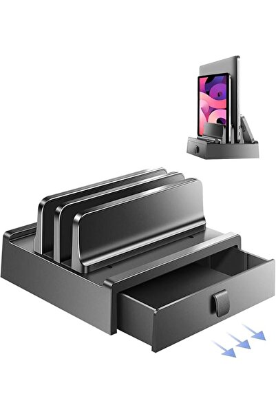 The Bros Vertical Laptop Stand with Drawer, Dual Slots Plastic Laptop Holder ...