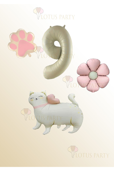 LOTUS PARTY Cat Foil Balloon - Cream Number Balloon - Pink Daisy Balloon Paw ...