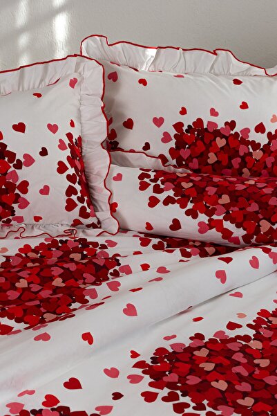 GÖRMEZ TEKSTİL Soft 100% Cotton Ruffled Double Duvet Cover Set Heart Rain