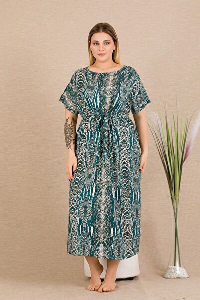 REN Women's green plus size snake print short sleeve nightgown, Slit long nig...