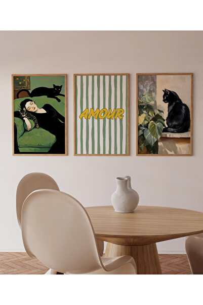 woodhomeworks 3 Piece Abstract Painting with Wooden Frame My Cat and Me