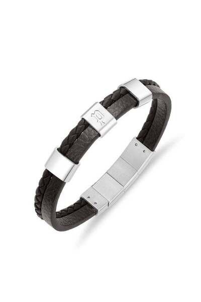 Police Unity Bracelet - Dual-Textured Brown Leather with Stainless Steel Squa...