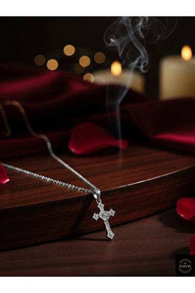 Feron Aksesuar + ZİNCİR HEDİYELİ + Altın & Gümüş Renk Zirkon Haç Kolye Ucu Ch...