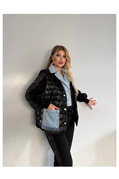 RED WOMAN FASHİON Quilted Vest Set Denim Detailed Triple Set