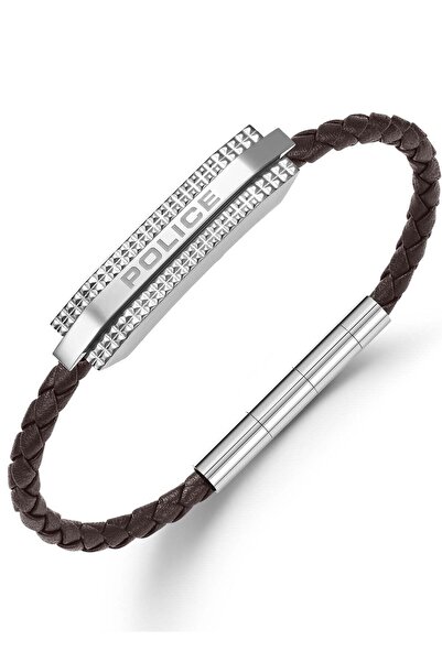 Police Gripcord Brown Leather Stainless Steel Gents Bracelet