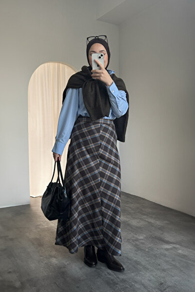 HYWONA Women's Winter Plaid Skirt Brown Blue