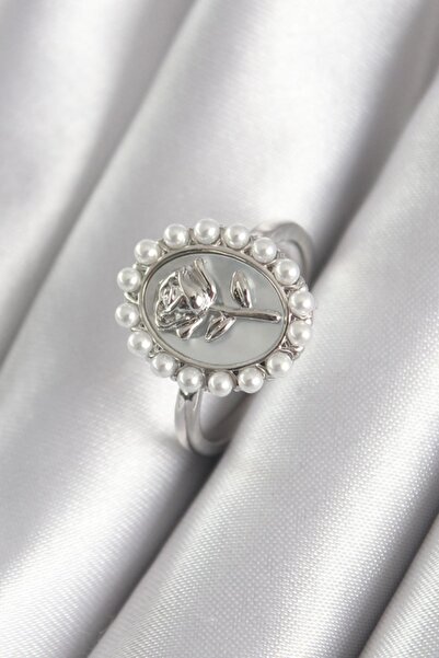 BirYıldızOl Brass Silver Color Portrait Rose Model Pearl Detail Women's Ring