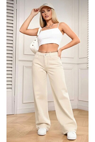 ON KLEEM Kadın BEJ Yüksek Bel %100 Pamuk Kadın Kot Pantolon