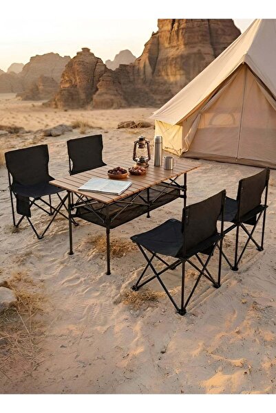 Taimi 5-Piece Foldable Camping Set: Adjustable Table (95x55x80cm) with Mesh B...