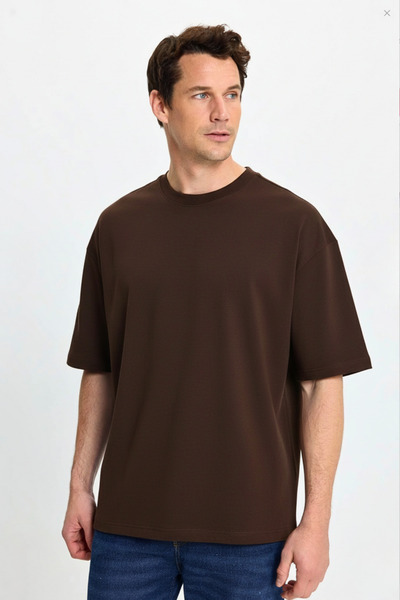 GUARAZ Men's Dark Brown Oversized Crew Neck 100% Cotton Plain Basic Summer T-...
