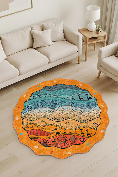Realhomes Etnik Desenli Özel Kesim Yuvarlak Yıkanabilir Kaymaz Taban Halı