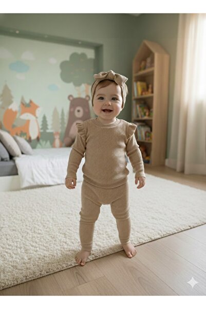 babykugu Ruffled Ribbed Corded Fabric Cotton Stretchy Bottom Top Set and Band...