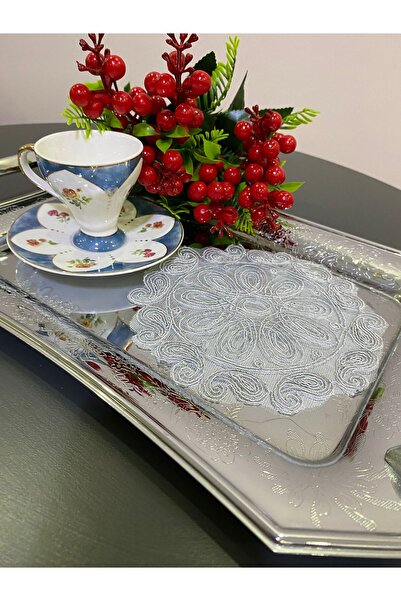 ART ÇEYİZ Gray Color Coffee Side Presentation Napkin, Coaster, Embroidered Pr...