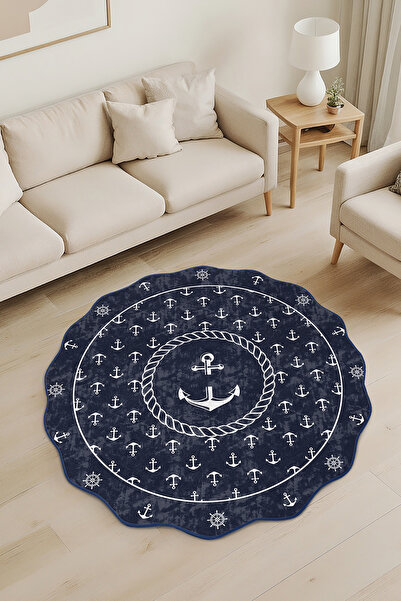 Realhomes Çapa Marin Desenli Özel Kesim Yuvarlak Salon Halısı Yıkanabilir Kay...