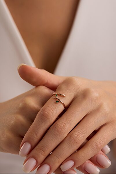 Nereze 925 Ayar Gümüş Ayarlanabilir Rose Kaplama Minimal Yeşil Yapraklı Yüzük