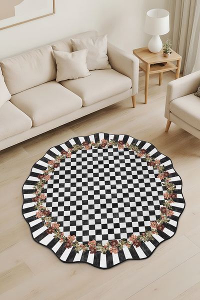 Realhomes Çiçekli Siyah-Beyaz Kare Desenli Özel Kesim Yuvarlak Yıkanabilir Ka...