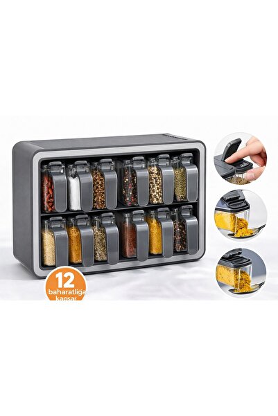 renkavm 12’li Baharatlık Seti Standlı, Kapaklı ve Kaşıklı Baharat Düzenleyici