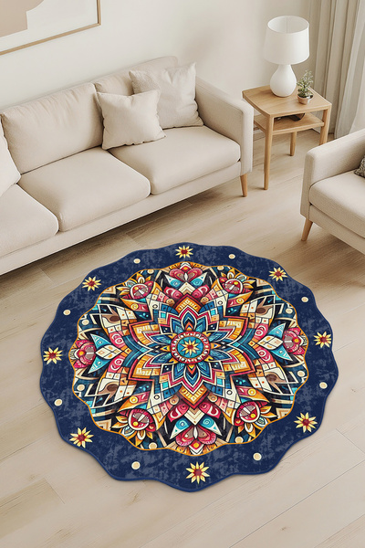 Realhomes Renkli Mandala Desenli Özel Kesim Yuvarlak Yıkanabilir Kaymaz Taban...