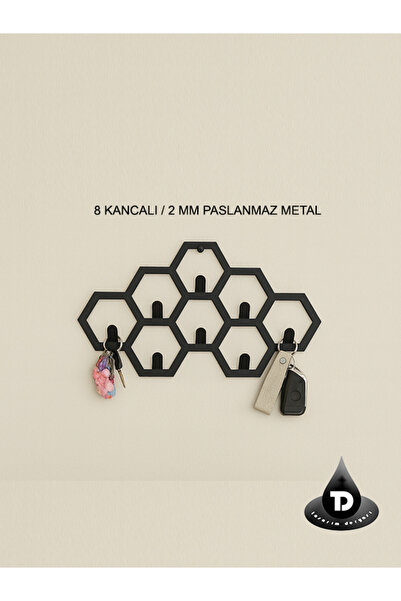 TASARIMDERYASI Altıgen Duvar Askılığı 8 Kancalı | Paslanmaz Metal Duvara Mont...
