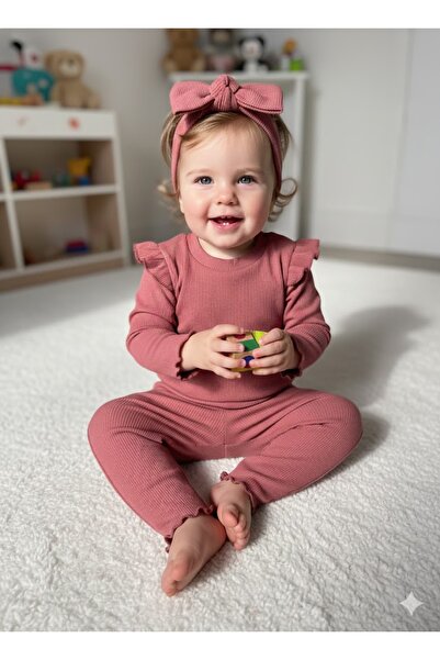 babykugu Ruffled Ribbed Corded Fabric Cotton Stretchy Bottom Top Set and Band...