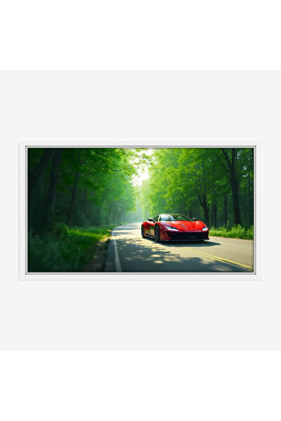 Tajridhome لوحة سيارات - سيارة حمراء - طريق محاط بالأشجار - مشمس - لوحات فن ع...