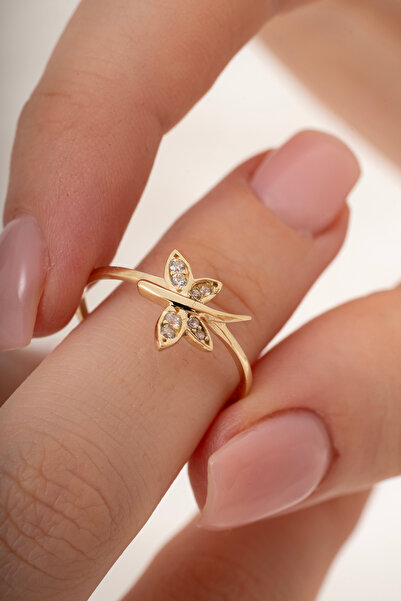 ALİSGOLD1986 14 Ayar Altın Taşlı Kelebek Figürlü Kadın Yüzük