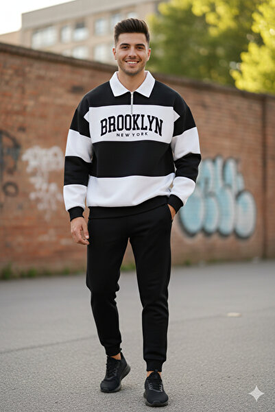 LiyAdaCo Black Brooklyn Printed Half Zipper Segmented Polo Neck Unisex Sweats...