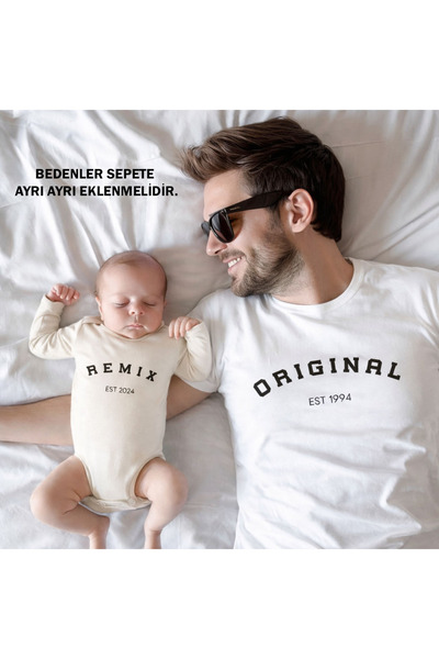 MODA Kişiye Özel Doğum Tarihli Baskılı Baba Bebek Aile Beyaz Tişört Ekru Zıbı...