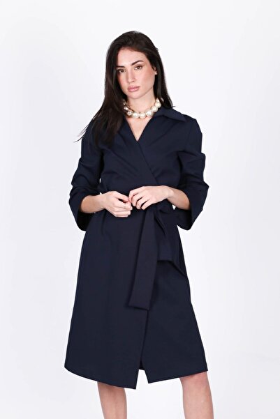 Diva Exclusive Fashion Navy blue midi wrap dress with drawstring waist