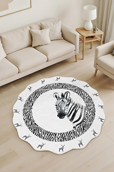 Realhomes Zebra Desenli Özel Kesim Yuvarlak Yıkanabilir Kaymaz Taban Halı