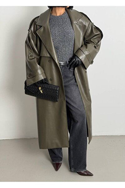 SPICA STORE Haki Deri Uzun Kuşaklı Oversıze Trençkot